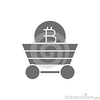 Miner trolley with bitcoin coin, blockchain, cryptocurrency grey icon. Vector Illustration