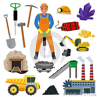 Miner vector mine worker builder character in helmet mining coal minerals in rocks tunnel with excavator or power shovel Vector Illustration