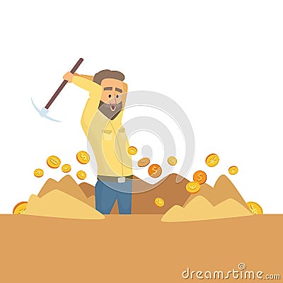 Miner working. workers with pickaxe smashing on golden stones and mining money coins. Vector character Vector Illustration