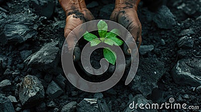 a miner& x27;s hands delicately planting a green plant amidst a coal heap, a commitment to environmental stewardship Stock Photo