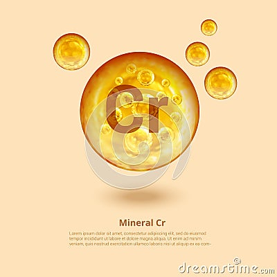 Mineral Cr. Chromium. Mineral Vitamin complex. Golden balls. Health concept. Cr Chromium Stock Photo