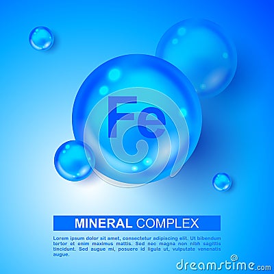 Mineral Fe Ferum blue shining pill capsule icon. Mineral Fe Ferum symbol. Mineral Vitamin complex with Chemical formula. Shining Vector Illustration