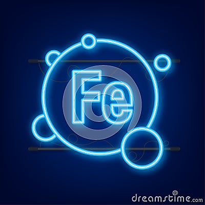 Mineral Fe Ferum blue shining pill capsule neon icon. Vector stock illustration. Vector Illustration