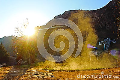 Mineral fumes from Rupite against the background of the Kozhuh and the Cross Editorial Stock Photo