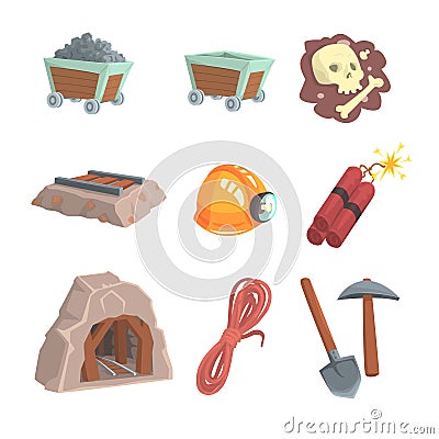 Mineral mining, coal industry set for label design. Colorful cartoon detailed vector Illustrations Vector Illustration