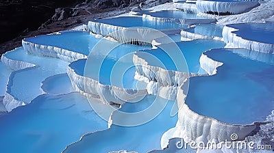 Mineral rich baby blue thermal waters in stunning white terraces of pamukkale, turkey s hillside Stock Photo