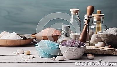 Mineral salt bowl for aromatherapy spa treatment generated by AI Stock Photo