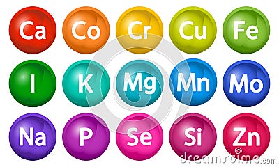 Mineral supplement set. 3d bubbles multivitamin complex. Essential vitamin icons. Calcium Magnesium Zinc Iron Iodine Manganese Cartoon Illustration