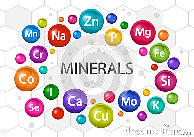 Mineral supplement set. Multivitamin complex for health. Vitamin icons. Calcium Magnesium Zinc Iron Iodine Manganese Cobalt Copper Vector Illustration