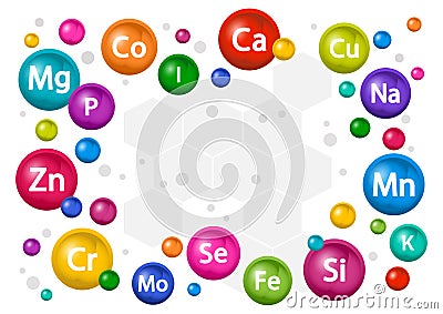 Mineral supplement set. Multivitamin complex for health. Vitamin icons. Calcium Magnesium Zinc Iron Iodine Manganese Cobalt Copper Vector Illustration