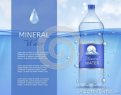 Mineral water. Plastic bottle with clean sparkling drinking liquid, bubbles and label brand advertising banner vector Vector Illustration