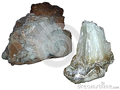 Minerals : Calcite crystals formed on chunks of rock in a white background. Stock Photo