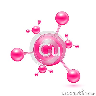 Minerals copper in the form of atoms molecules pink glossy. Icon 3D isolated on white background. Minerals vitamins complex. Vector Illustration