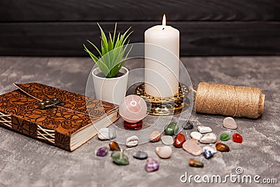 Minerals crystals, semi precious stones. Crystal ball, healing Stock Photo