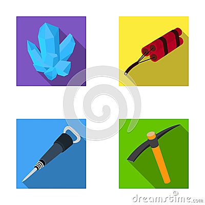 Minerals, explosives, jackhammer, pickaxe.Mining industry set collection icons in flat style vector symbol stock Vector Illustration