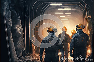 Miners working deep inside a coal mine facility. Generative Ai Stock Photo