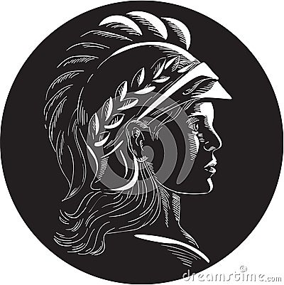 Minerva Head Side Profile Oval Woodcut Vector Illustration