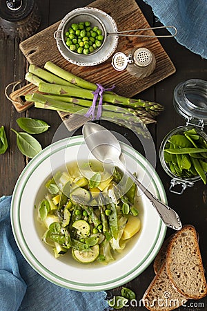 Minestrone - Italian vegetable soup with asparagus Stock Photo