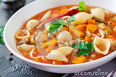 Minestrone, italian vegetable soup with pasta. Stock Photo