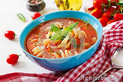 Minestrone, italian vegetable soup with pasta. Stock Photo