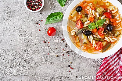 Minestrone, italian vegetable soup with pasta. Vegan food. Stock Photo