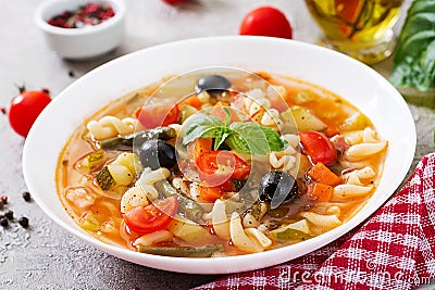 Minestrone, italian vegetable soup with pasta. Vegan food Stock Photo