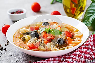 Minestrone, italian vegetable soup with pasta. Vegan food Stock Photo