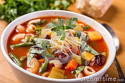 Minestrone Soup with Pasta, Beans and Vegetables Stock Photo