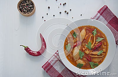 Minestrone soup with pasta and herbs. Italian Cuisine. White wood background. Place for text Stock Photo