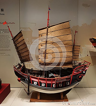 Ming Qing Dynasty Fuchuan Antique Boat Vessel Ship Model Wooden Boats Trading Goods Sailboat Junk Sail Transportation Vehicle Editorial Stock Photo