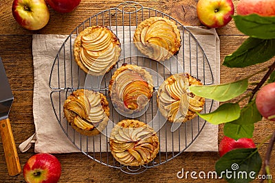 Mini Apple pie tartlets with walnut on wooden table. Delicious dessert for autumn winter dinner.Top view Stock Photo