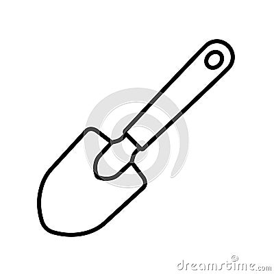 Mini bayonet shovel with short handle icon. Linear logo of hand gardening tool. Black simple illustration of excavation, work with Vector Illustration