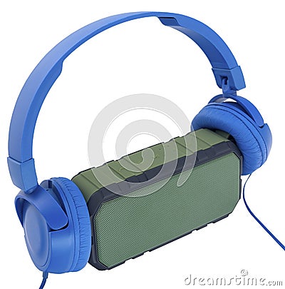 Mini bluetooth loudspeaker and wireless headphones Stock Photo