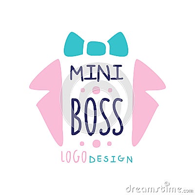 Mini boss logo original design. Abstract suit collar and bow tie with lettering. Gentle pink and blue colors. Hand drawn Vector Illustration