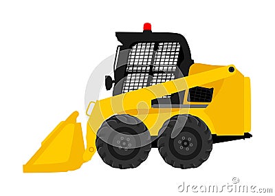 Mini bulldozer, skid loader vector isolated on white background. Digger illustration. Excavator dozer for land. Under construction Cartoon Illustration