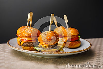 Mini burgers and fried potatoes on the plate Stock Photo