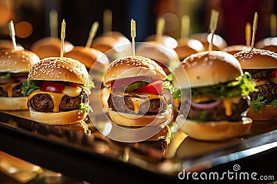 Mini Burgers on the Plate During Outdoor BBQ Party with Friends Enjoying Food, Drinks, and Company. created with Generative AI Stock Photo