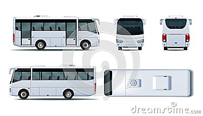 Mini bus mockup. Minibus different view, back side, top and front. 3D car mock up, public micro bus, door and windows Vector Illustration