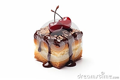 Mini cake with chocolate topping and cherry on a white background. Birthday cake, a sweet and colorful dessert. Ai generative Stock Photo