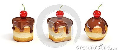 Mini cakes in various forms with chocolate topping and cherry Cartoon Illustration