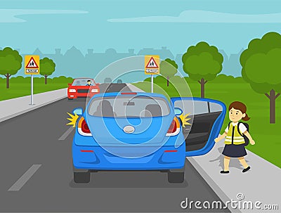 Mini car with open door at school sidewalk. School kid going to get in the parent car. Vector Illustration