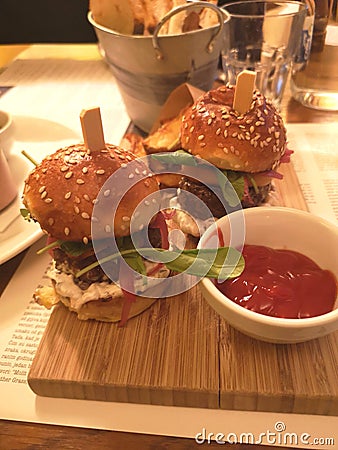 Eating out in Zagreb, Croatia / Mini cheeseburgers Stock Photo