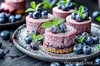 Mini cheesecake topped with fresh blueberries and mint leaves on black plate. Delicious no bake berry cheesecake. Stock Photo