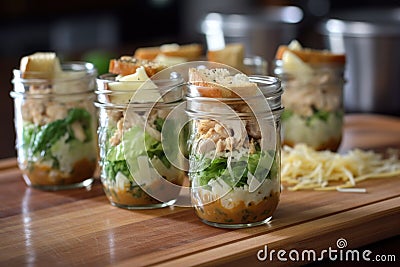 mini chicken caesar salads served in shot glasses for easy, portable lunches Stock Photo