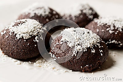 Mini Chocolate Brownie Wet Cookies with Coconut Powder / Turkish Islak Kurabiye. Stock Photo