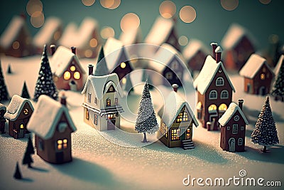 Mini Christmas village with cute little houses. Generative AI Stock Photo