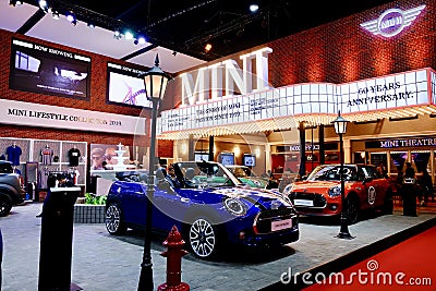Mini cooper in trade show booth in motor show. Editorial Stock Photo
