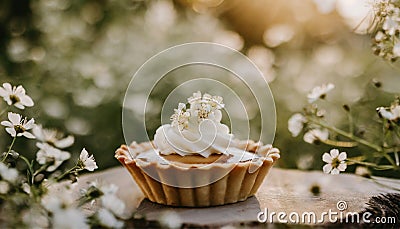 Mini cream tart in a spring arrangement with white flowers. Outdoor photo. Sweet dessert. Stock Photo