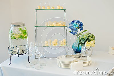 mini cupcakes glasses appetizers finger food desserts, make your own dessert brunch buffet many ingredients self catering during Stock Photo