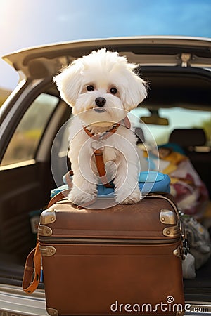 mini cute maltese bichon dog sitting at back of car ready for travel AI generated Stock Photo